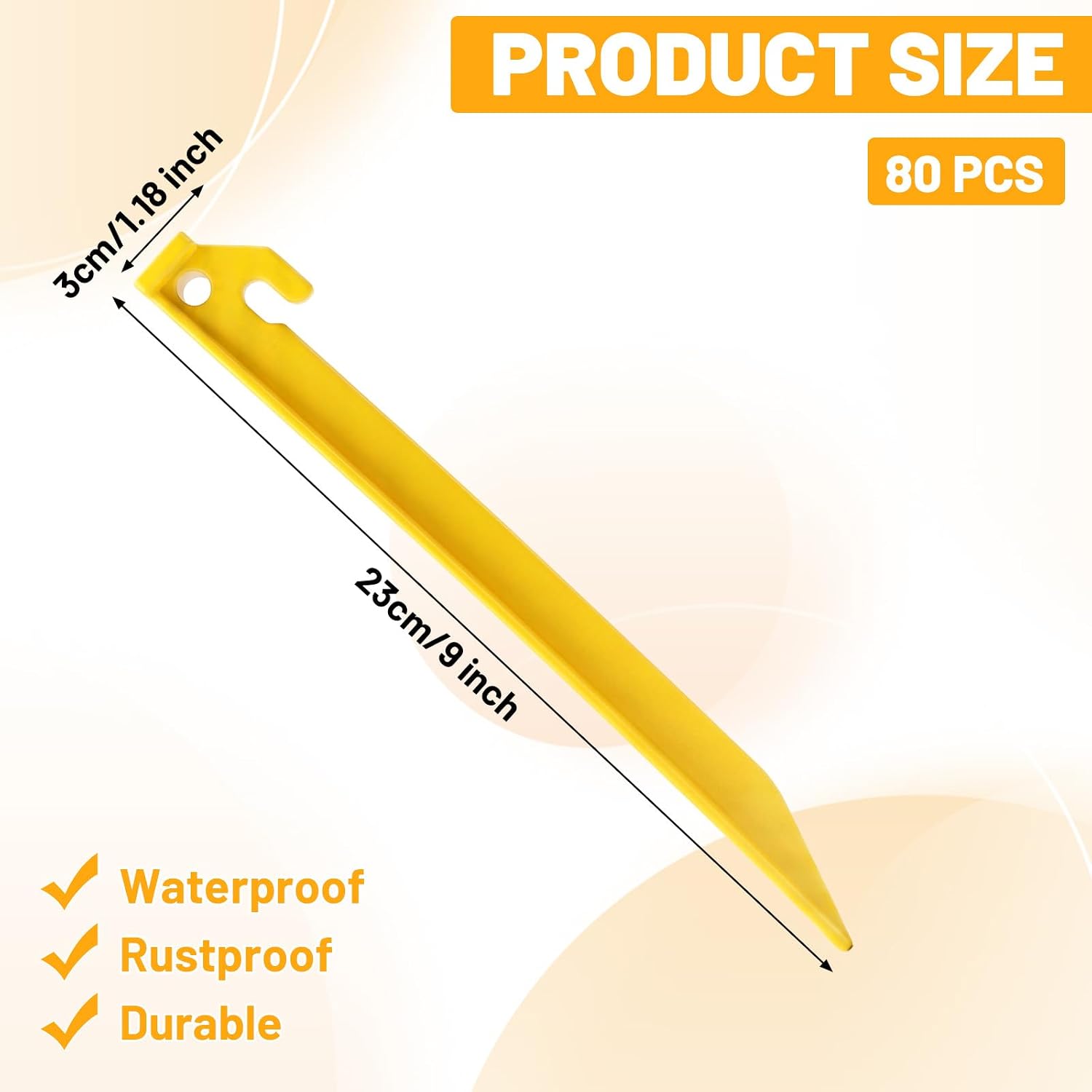 80 Pcs 9 Inch Plastic Tent Stakes Heavy Duty, Yellow PP Tent Pegs for Camping, Canopy, Awning, Beach, Garden, Lawn, and Outdoor Use - Reusable, Rust-Proof, and Easy to Store - Image 2