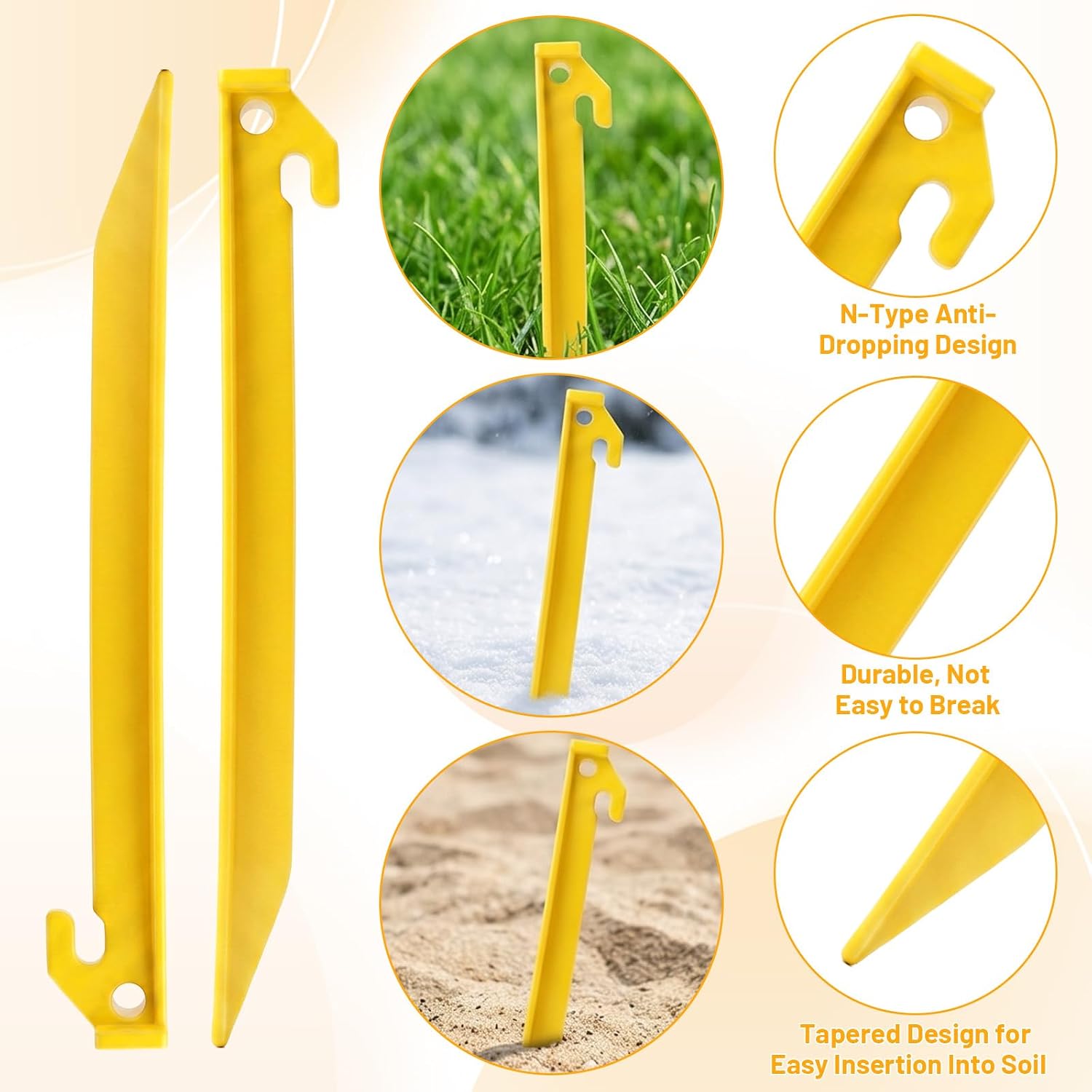 80 Pcs 9 Inch Plastic Tent Stakes Heavy Duty, Yellow PP Tent Pegs for Camping, Canopy, Awning, Beach, Garden, Lawn, and Outdoor Use - Reusable, Rust-Proof, and Easy to Store - Image 3