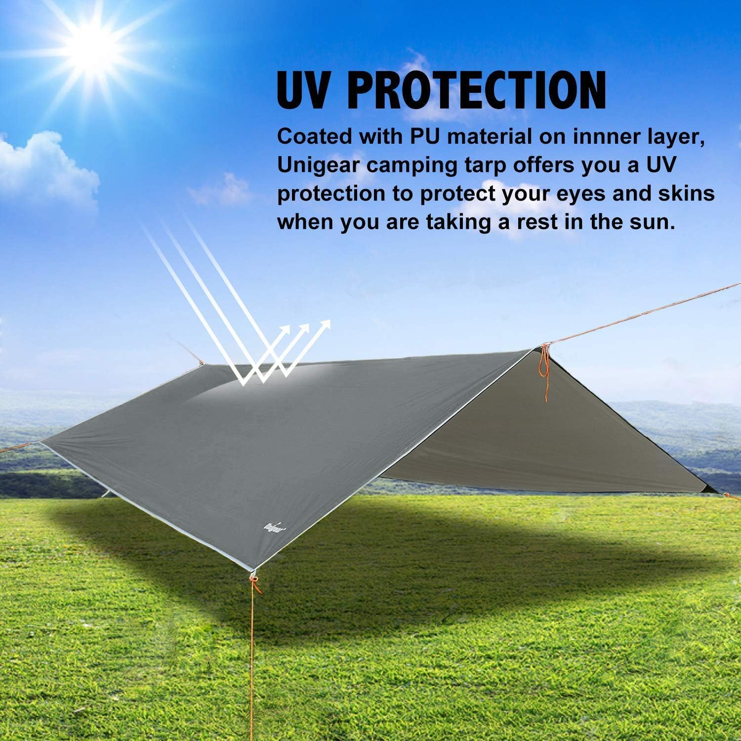 Unigear Hammock Rain Fly, 16.5/14.4/13.1/9.8ft Camping Tarp, UV Protection & Waterproof & Lightweight for Camping, Backpacking and Outdoor Adventure (Gray, 9.8 * 9.8ft) - Image 4