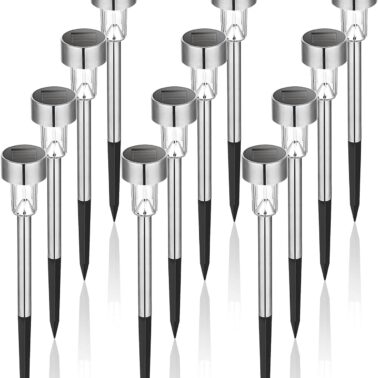 GIGALUMI Solar Lights Outdoor Waterproof, 12 Pack, Stainless Steel LED Solar Garden Lights for Patio, Lawn, Yard and Landscape, Cold White